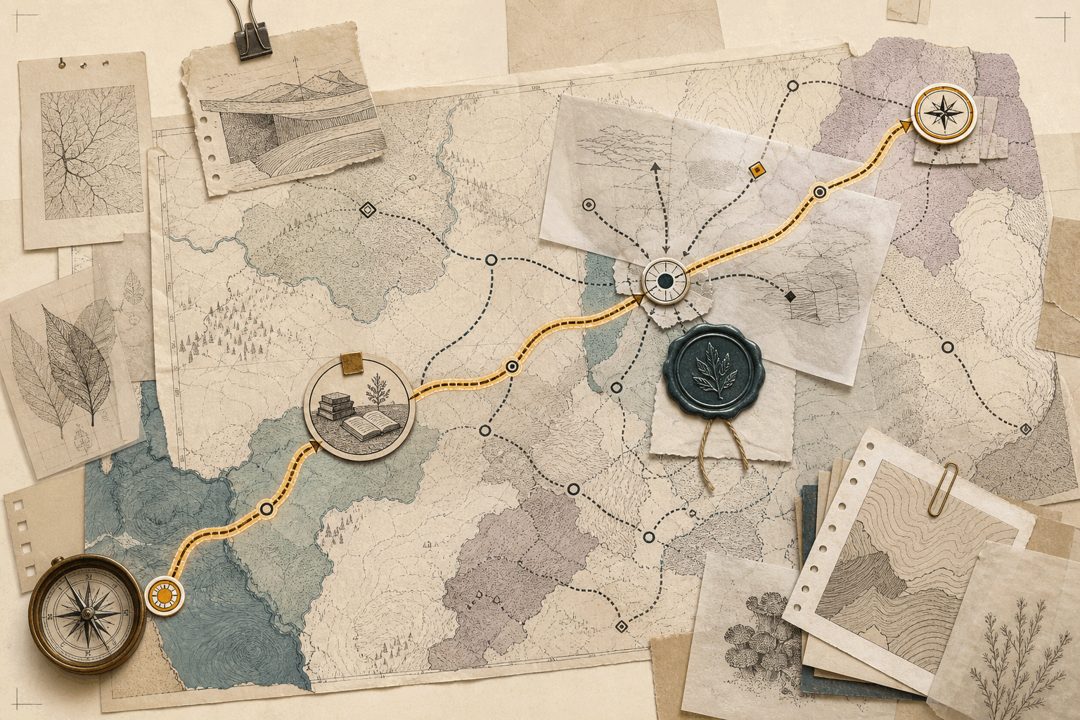 Editorial atlas of Curio showing a learner moving from a mission through a provisional map, a bounded lesson, evidence, and a revised next step.